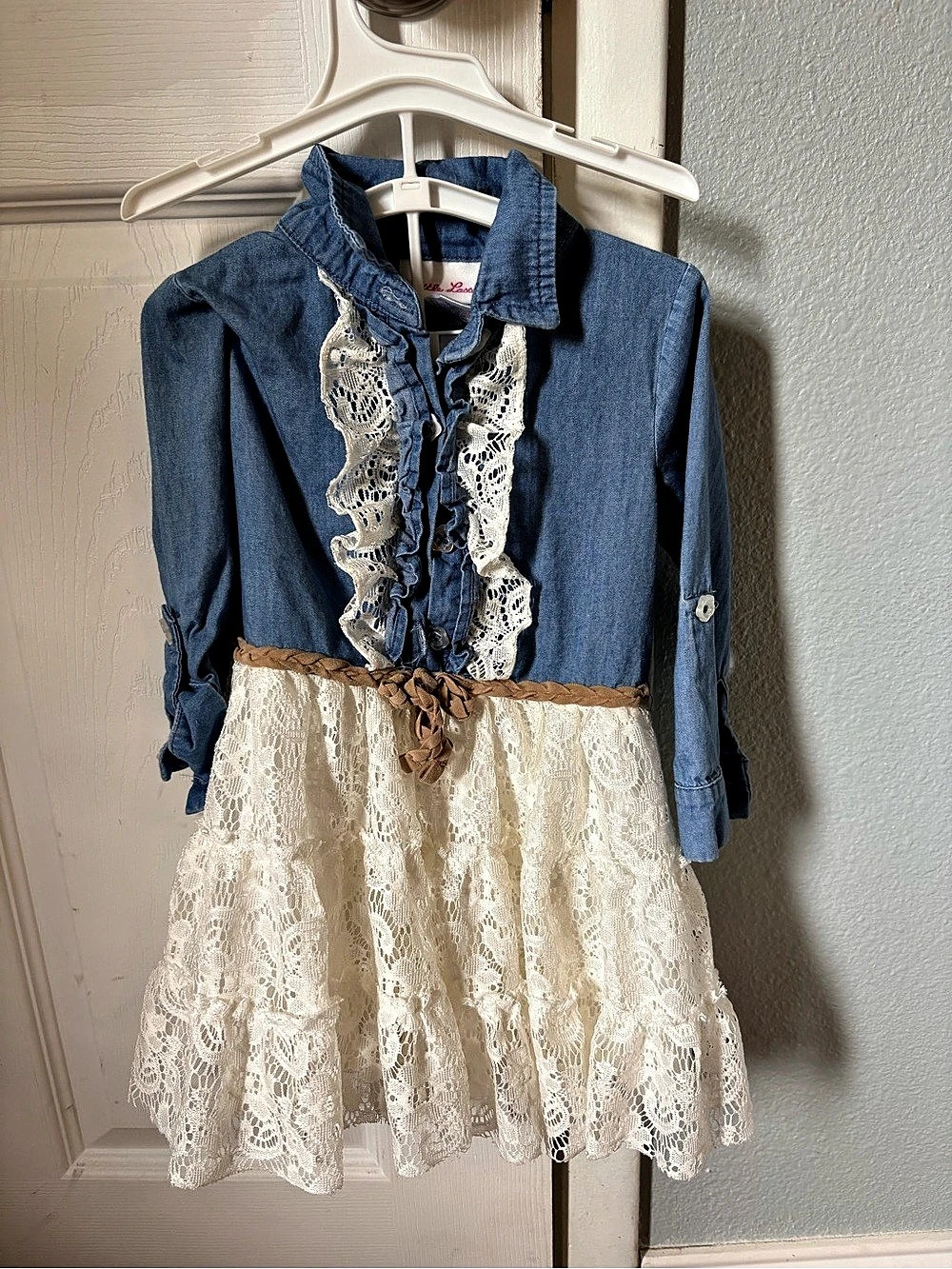 Little Lass Girls Floral Denim Lace Dress Size 18M